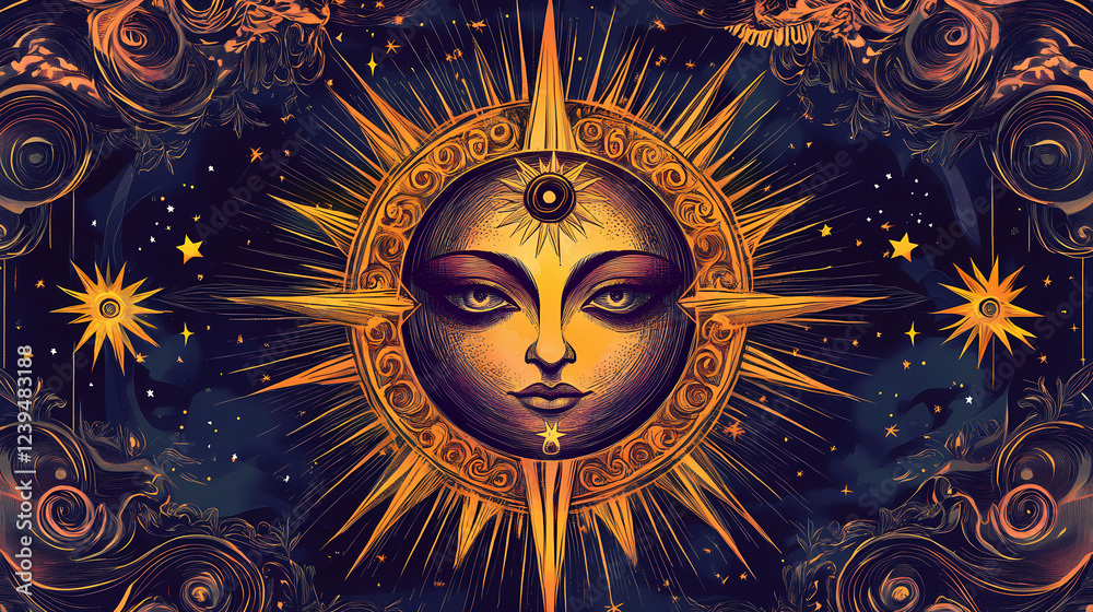 Radiant tarot card design featuring symbolic elements like stars and celestial motifs. Symbolic Motifs. Illustration Radiant tarot card design featuring symbolic elements like stars and celestial motifs. Symbolic Motifs. Illustration