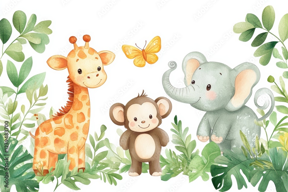 Fototapeta premium Cute animals gather in a lush green jungle during a sunny day