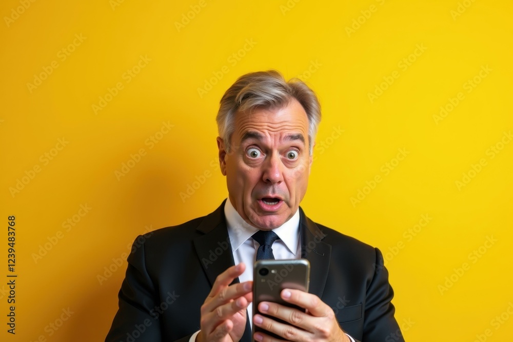 Man is looking at his phone while making surprised face Man is looking at his phone while making surprised face