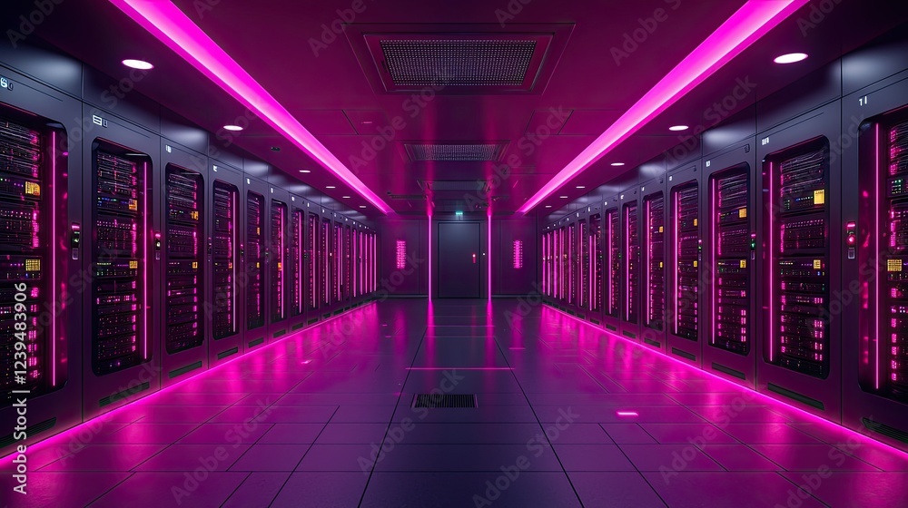 Fototapeta premium Modern Server Room Illuminated With Pink Lighting
