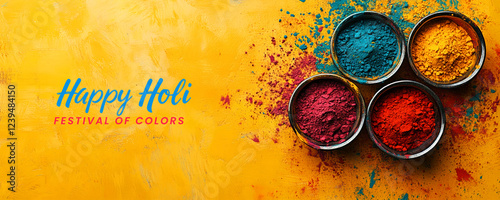 Colorful Holi Festival Celebration Powder Bowls on a Yellow Background, Vibrant Holi powder in various colors (red, blue, yellow, pink) is displayed in small metal bowls against a warm backdrop
