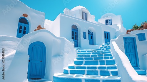 Greek Architecture White Blue Stairs photo