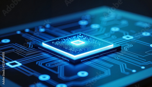 Glowing photonic chip on reflective surface, advanced technology