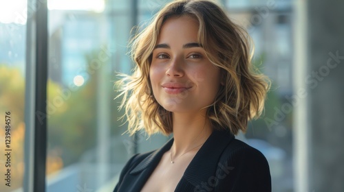 Stylish businesswoman in a formal suit, smiling confidently while looking to the side, standing in a modern outdoor workplace Free Download Stylish businesswoman in a formal suit, smiling confidently while looking to the side, standing in a modern outdoor workplace - GFXLoad