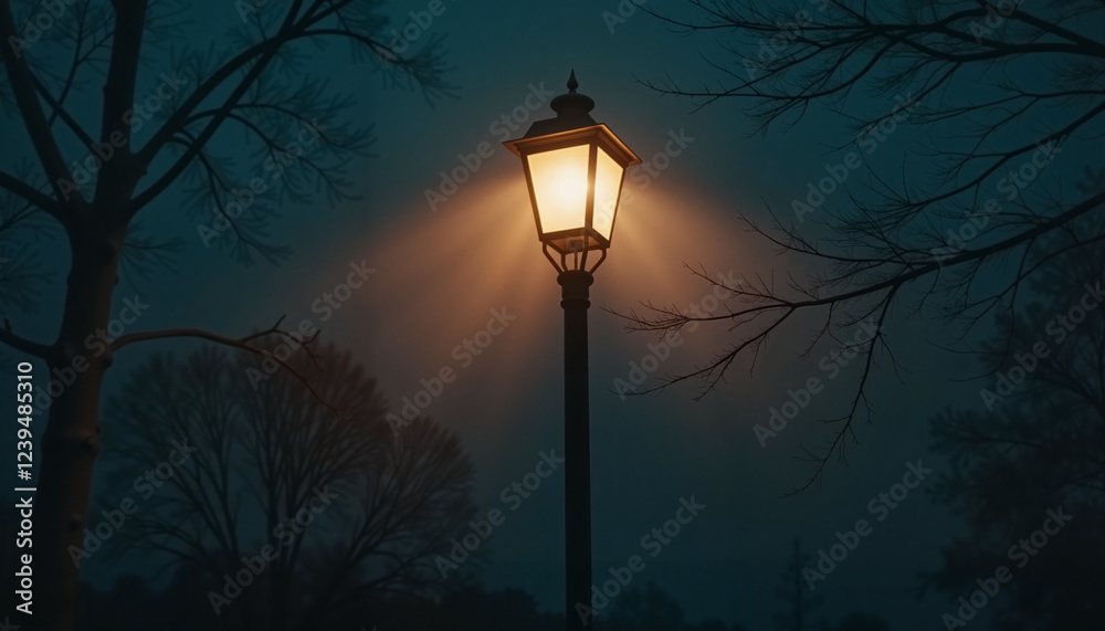 Faintly glowing street lamp in dense fog, haunting ambiance Faintly glowing street lamp in dense fog, haunting ambiance