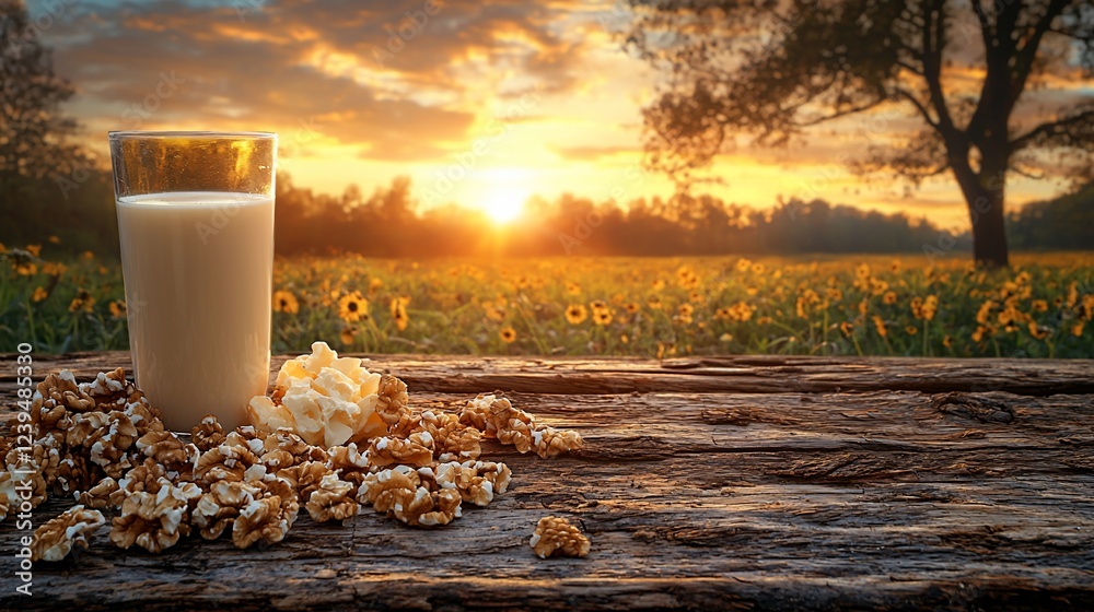 Sunset Sunflower Field, Milk, Nuts, Healthy Snack