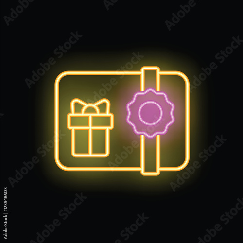Bright neon icon of a gift card with a bow and quality seal glowing on a black background
