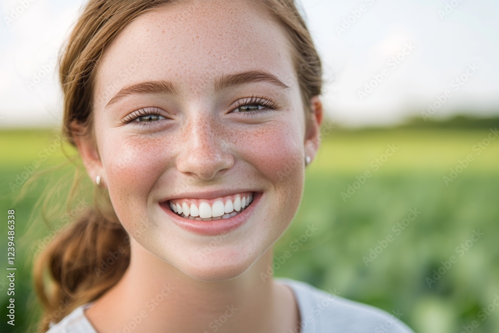 Young woman with red hair and freckles is smiling at the camera Young woman with red hair and freckles is smiling at the camera