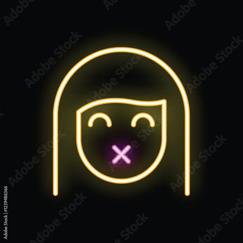 Neon sign of a happy woman with long hair and a taped mouth, suggesting she is keeping a secret