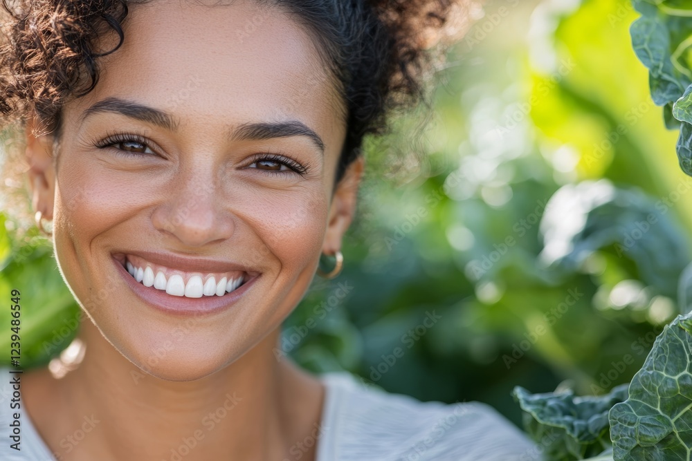 Woman with curly hair is smiling and looking at the camera Woman with curly hair is smiling and looking at the camera