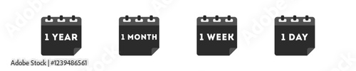 Black calendar icon on white background. Simple sign calendar - Year, Month, Week, Day. Minimalist icons date in vector design style