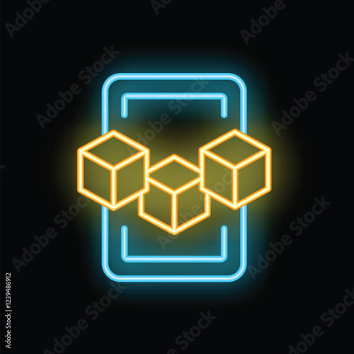 Neon glowing icon of a smartphone showing three cubes linked together, representing blockchain technology