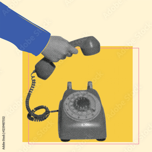 telephone recive call communication concept collage design with hand holding vintage phone  retro  halftone trendy design photo