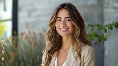 Free Download Stylish businesswoman in a formal suit, smiling confidently while looking to the side, standing in a modern outdoor workplace - GFXLoad