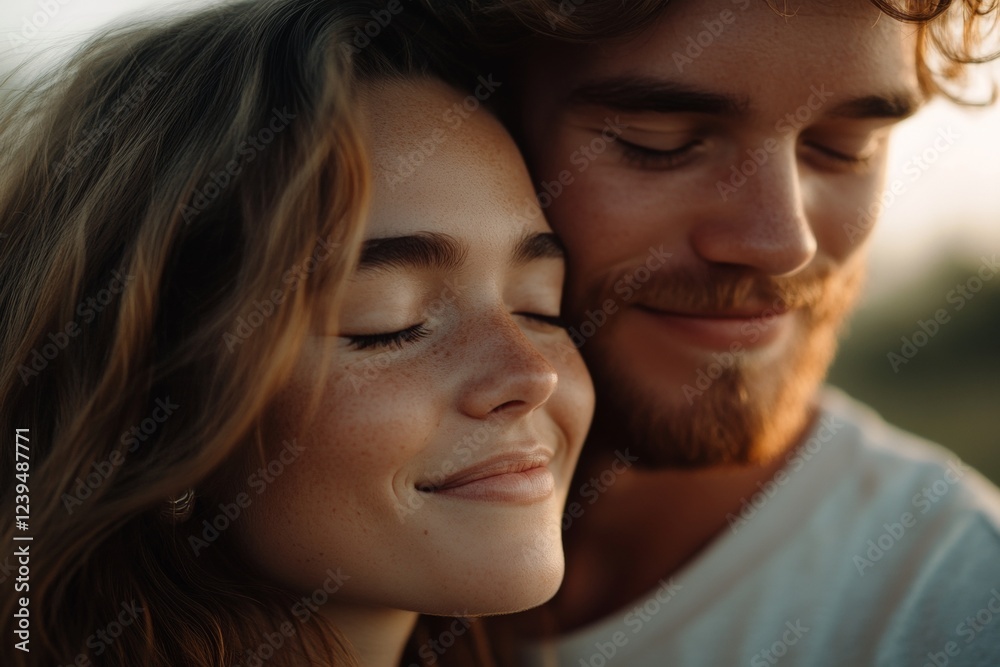 Man and woman are hugging each other, with the woman's face showing a smile Man and woman are hugging each other, with the woman's face showing a smile
