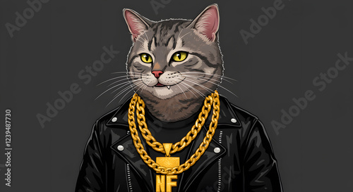 Gangsta Cat in Leather Jacket and Gold Chains