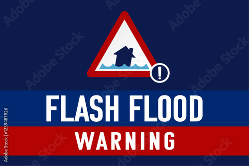 Flash flood warning. Vector background template with triangle sign, text, blue and red elements. Alert concept.
