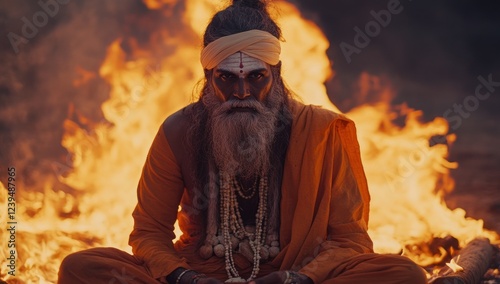 Holy Man Amidst Fiery Inferno: A Portrait of Spiritual Resilience