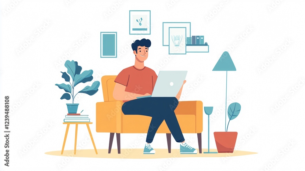 Depiction of a Man Working Remotely from Home in a Modern Flat Design Depiction of a Man Working Remotely from Home in a Modern Flat Design