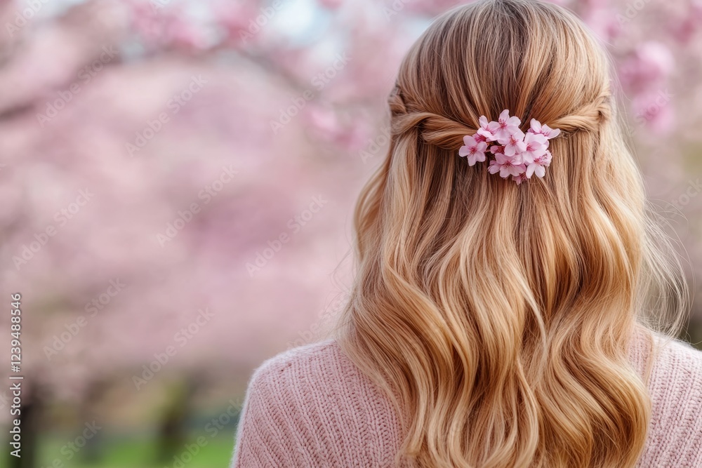 Naklejka premium Woman with long blonde hair wearing a pink sweater and a flower in her hair
