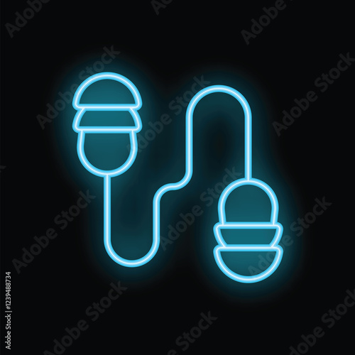 Neon earplugs icon glowing on dark background representing hearing protection and noise reduction