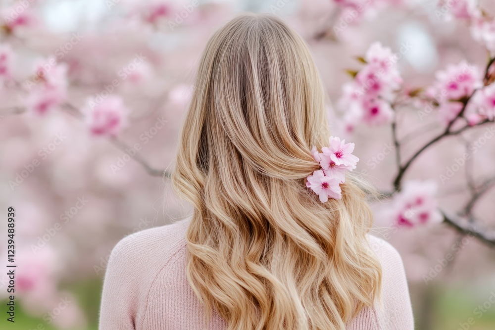 Naklejka premium Woman with long blonde hair is standing in front of a tree with pink flowers