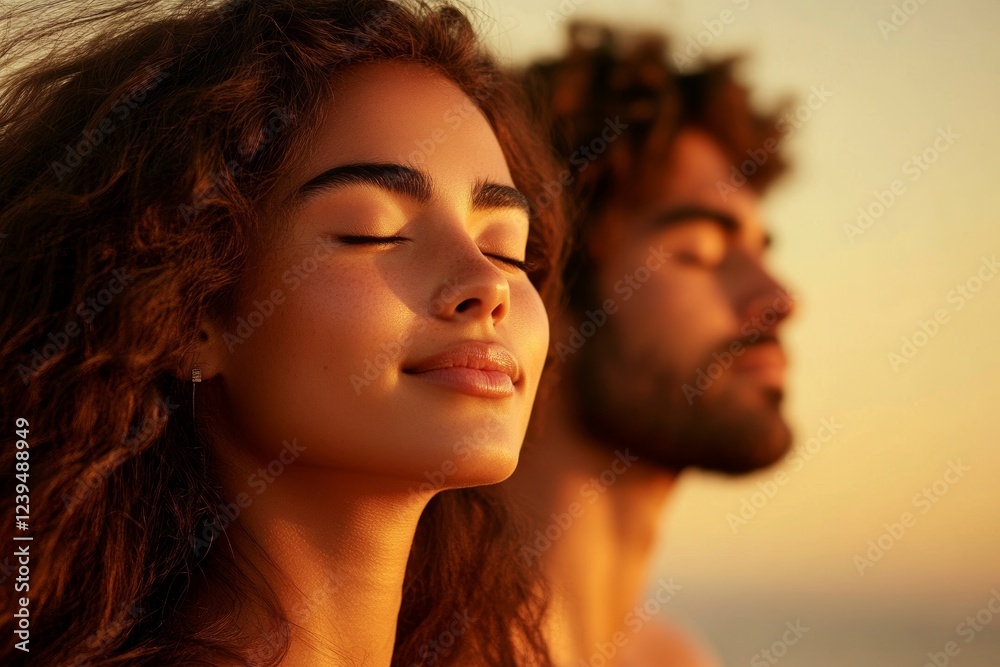 Obraz premium Woman and a man are sitting together on a beach, both looking at the ocean