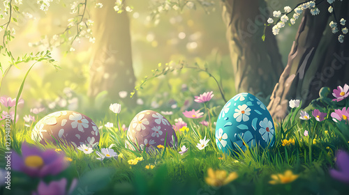 Easter eggs hidden in the background of a spring themed scene, easter, eggs, hidden, background, spring, colorful, festive. Symbolic Motifs. Illustration