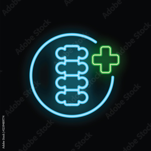 Neon medical icon depicting a spine with vertebrae being treated