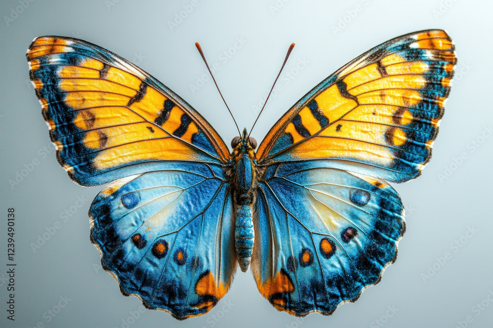 Fototapeta premium Blue and yellow butterfly against white background.