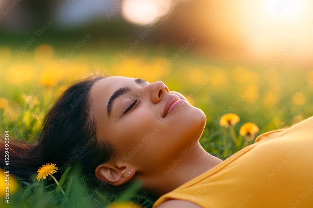 Woman is laying in a field of yellow flowers, smiling Woman is laying in a field of yellow flowers, smiling