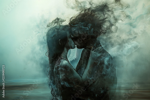 Surreal Artistic Depiction of a Toxic Relationship with a Couple Embracing, Dissolving into Smoke and Shadows, Symbolizing Passion, Emotional Turmoil, Dependency, and the Destructive Nature of Love.