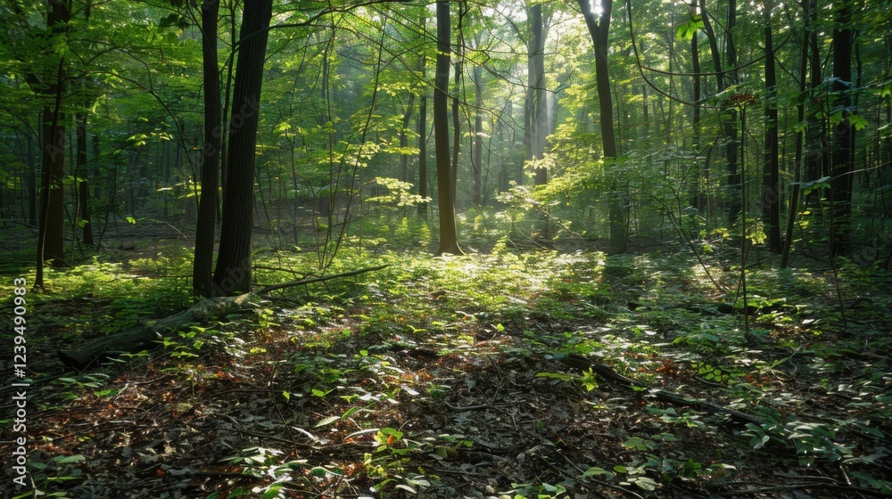 Fototapeta premium Sunbeams piercing through a dense forest, illuminating a carpet of moss and fallen leaves, creating a serene natural setting