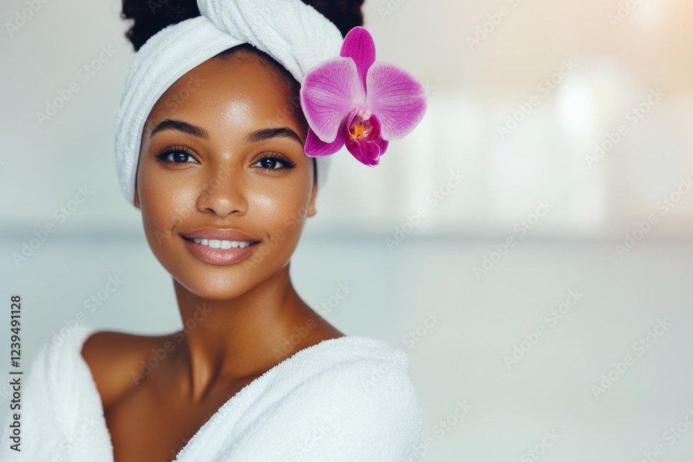 Woman with a white towel draped over her head and a purple flower in her hair Woman with a white towel draped over her head and a purple flower in her hair