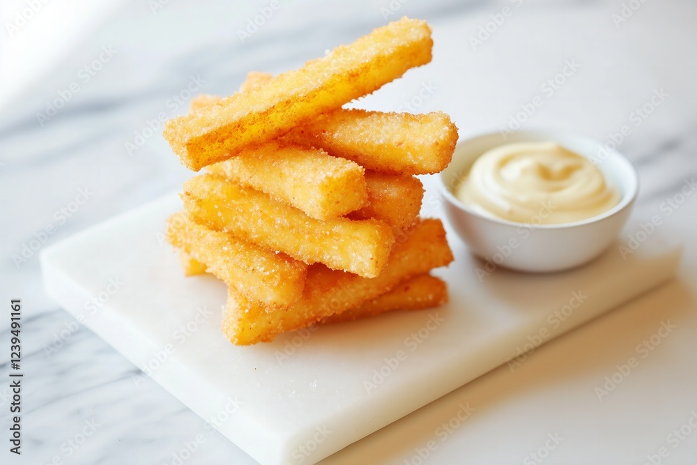 sleek, modern presentation of perfectly crisp polenta fries, their golden hue contrasting against a cool white marble slab. sleek, modern presentation of perfectly crisp polenta fries, their golden hue contrasting against a cool white marble slab.