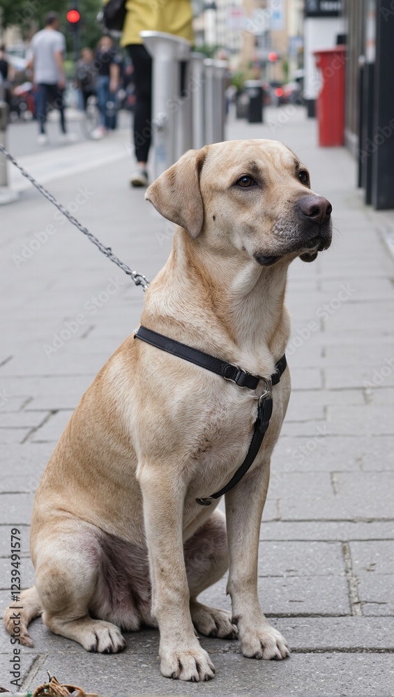 Obraz premium Adorable dog with leash sitting on urban sidewalk