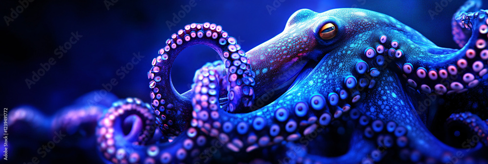 Obraz premium Neon octopus tentacles glowing in the depths of a dark sea. 