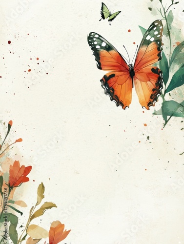Bright orange butterfly and green insect surrounded by delicate flowers in a light botanical setting. Generative AI