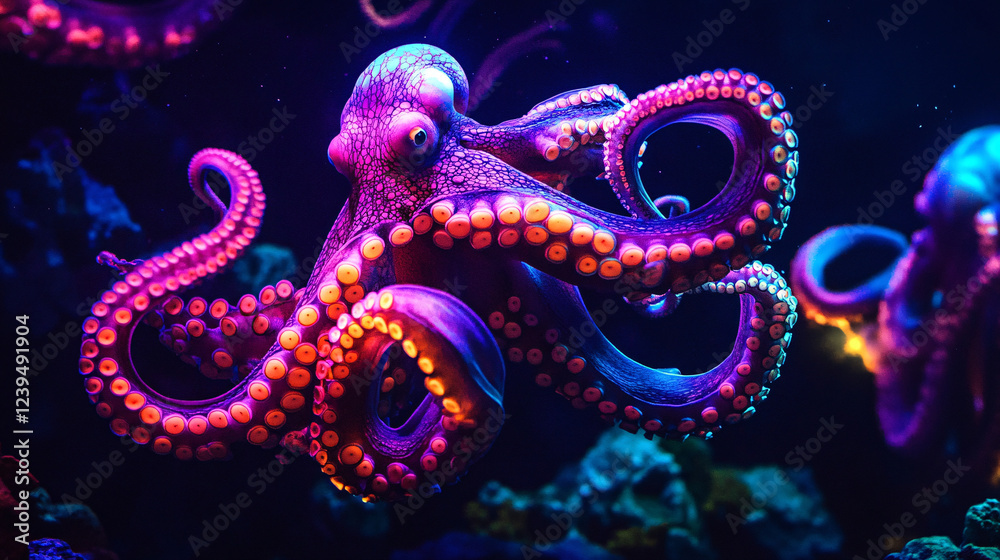 Fototapeta premium Neon octopus tentacles glowing in the depths of a dark sea. 