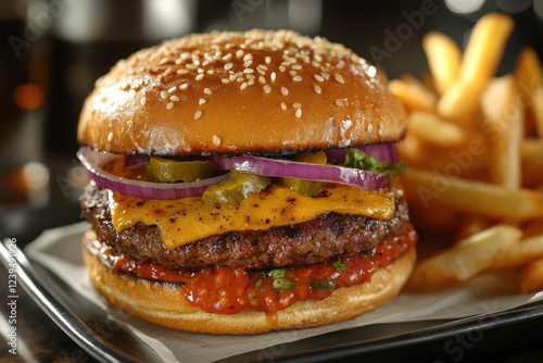 A juicy hamburger topped with cheese and onions placed on a rustic wooden table in a soft, natural light. photo