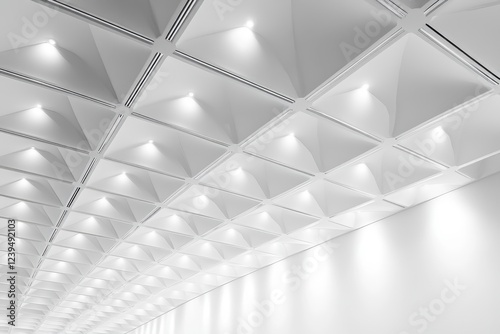 Suspended grid ceiling featuring LED spotlights and drywall in an unoccupied room with a white stretch ceiling of intricate design