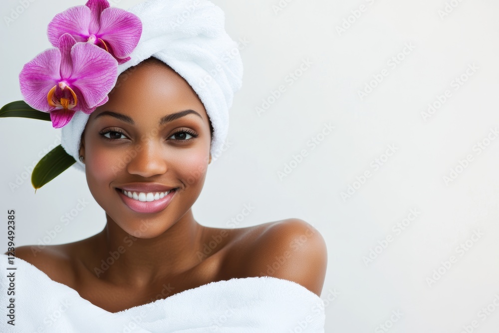Woman with a white towel draped over her head and a purple flower in her hair Woman with a white towel draped over her head and a purple flower in her hair