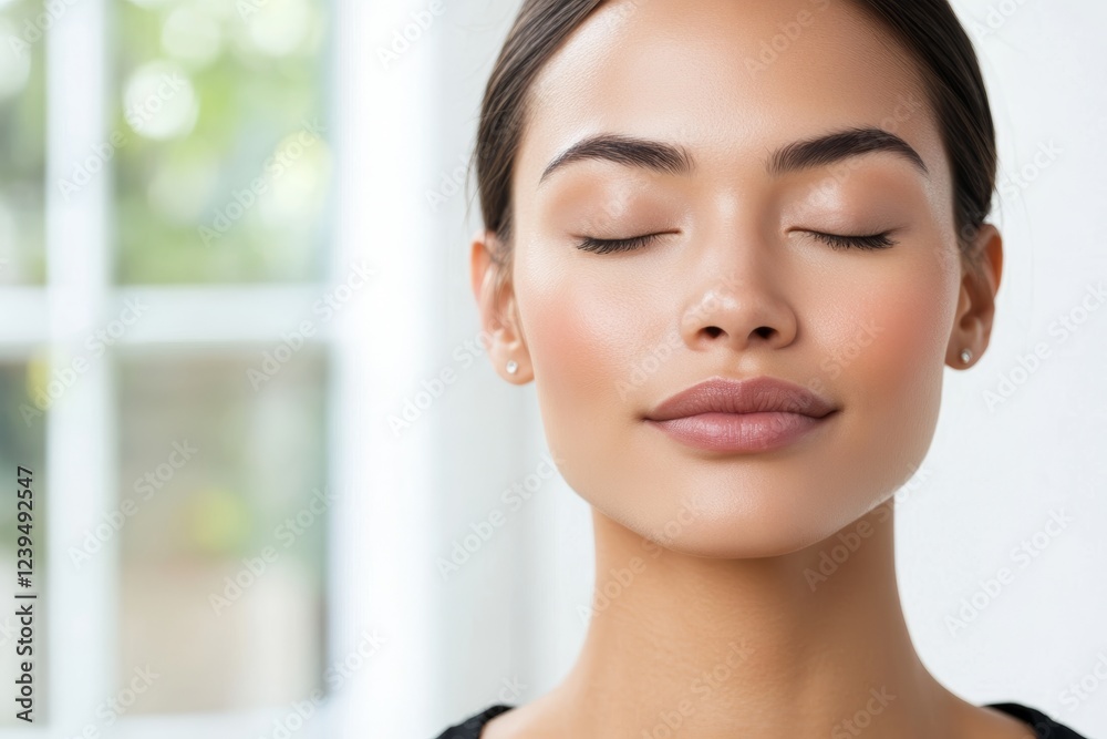 Woman with a beautiful face is sitting in a room with a window Woman with a beautiful face is sitting in a room with a window