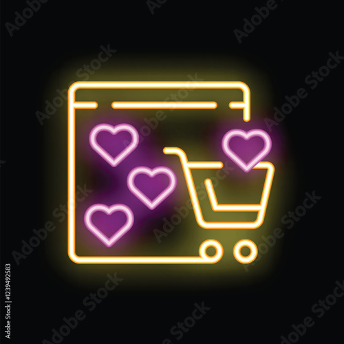 Neon icon of a shopping cart next to a web browser window with hearts, representing the concept of an online wishlist