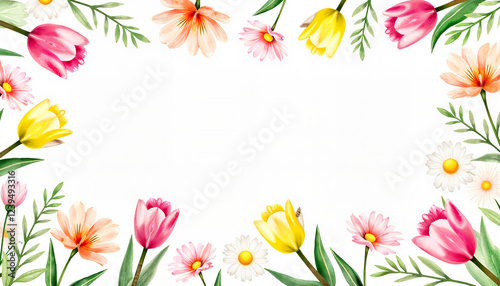 Floral border with colorful tulips and daisy flowers