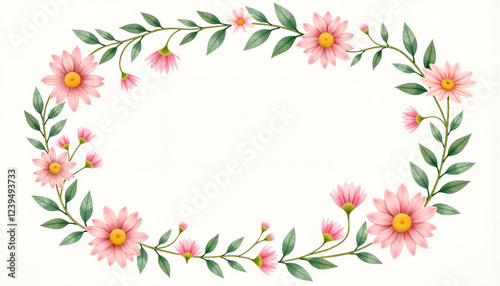 Floral border with pink daisies and green leaves