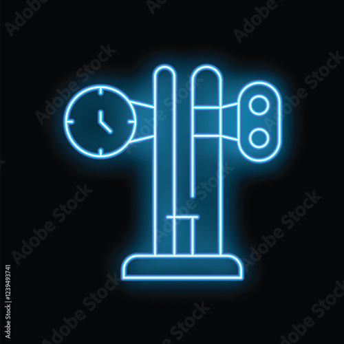 Glowing neon line train railway station clock information icon isolated on black background vector illustration