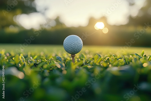 Golf ball on tee in grass, ready for swing. photo