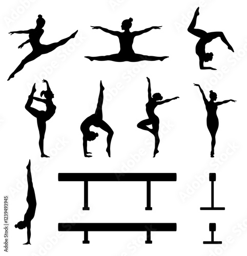 Balance Beam Acrobatic Gymnastic Silhouette Poses Clipart with Balance Beams on a Transparent Background
