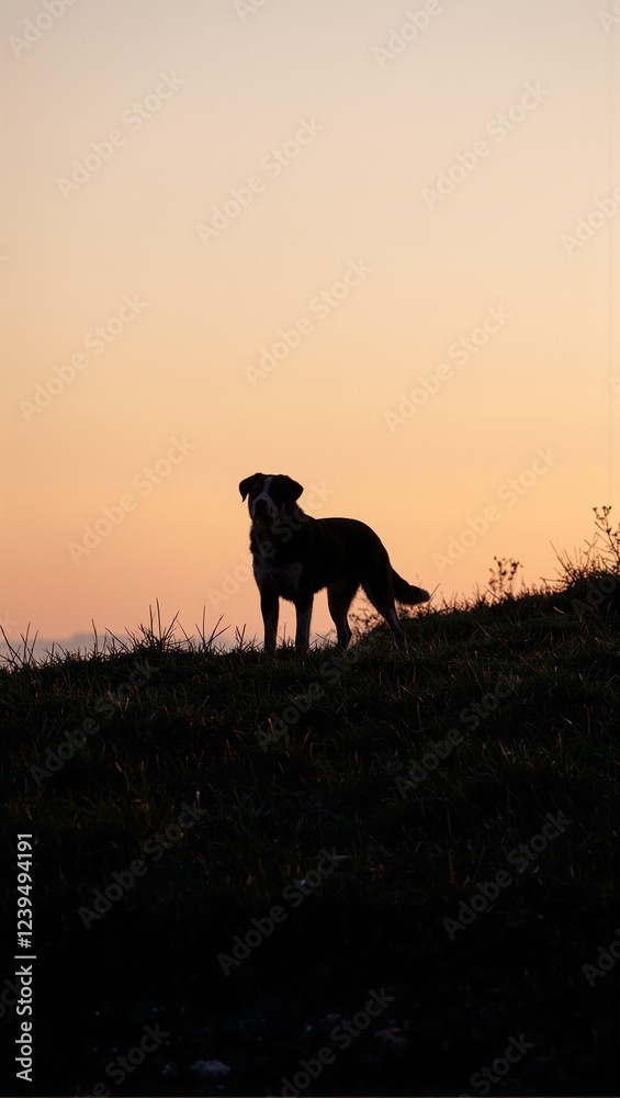 Majestic dog on hill silhouetted against sunrise Majestic dog on hill silhouetted against sunrise